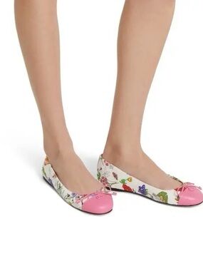 Gucci White Floral Ballet Flats with Pink Toe & Bow